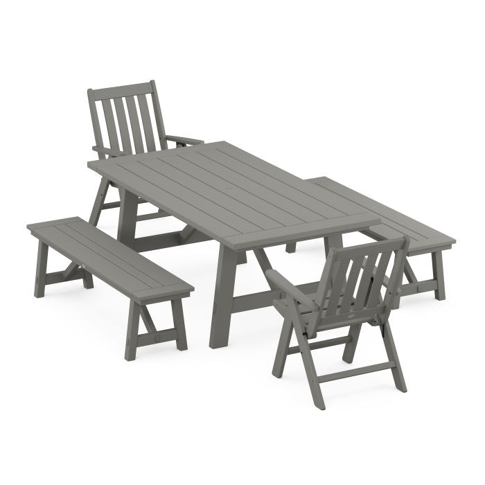 Vineyard Folding Chair 5-Piece Rustic Farmhouse Dining Set With Benches