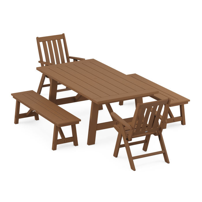 Vineyard Folding Chair 5-Piece Rustic Farmhouse Dining Set With Benches