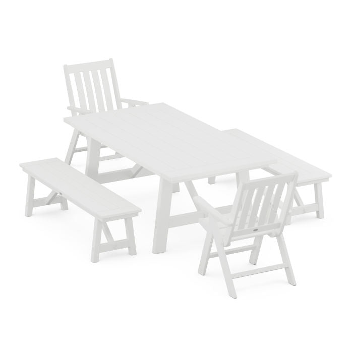 Vineyard Folding Chair 5-Piece Rustic Farmhouse Dining Set With Benches