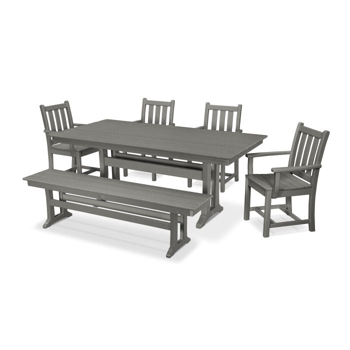 Traditional Garden Arm Chair 6-Piece Farmhouse Dining Set with Trestle Legs and Bench