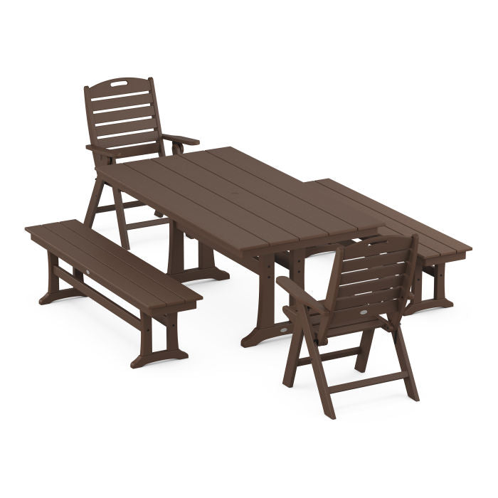 Nautical Folding Highback Chair 5-Piece Farmhouse Dining Set With Trestle Legs and Benches