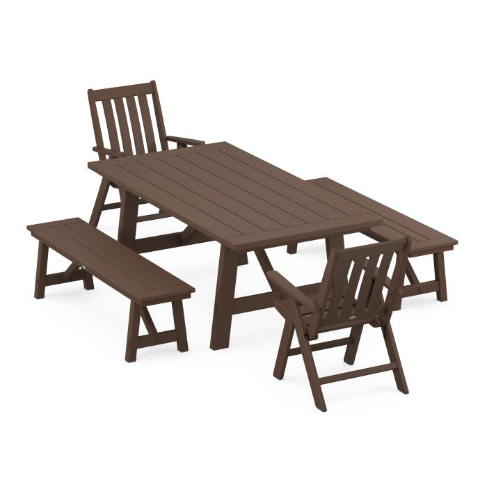 Vineyard Folding Chair 5-Piece Rustic Farmhouse Dining Set With Benches