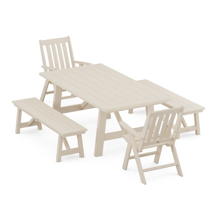 Vineyard Folding Chair 5-Piece Rustic Farmhouse Dining Set With Benches